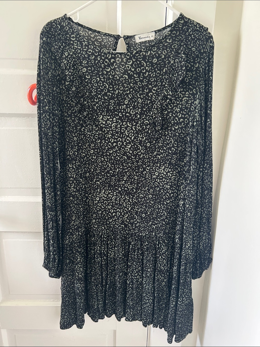 Long Sleeve Black & Green Print Ruffle Hem Dress